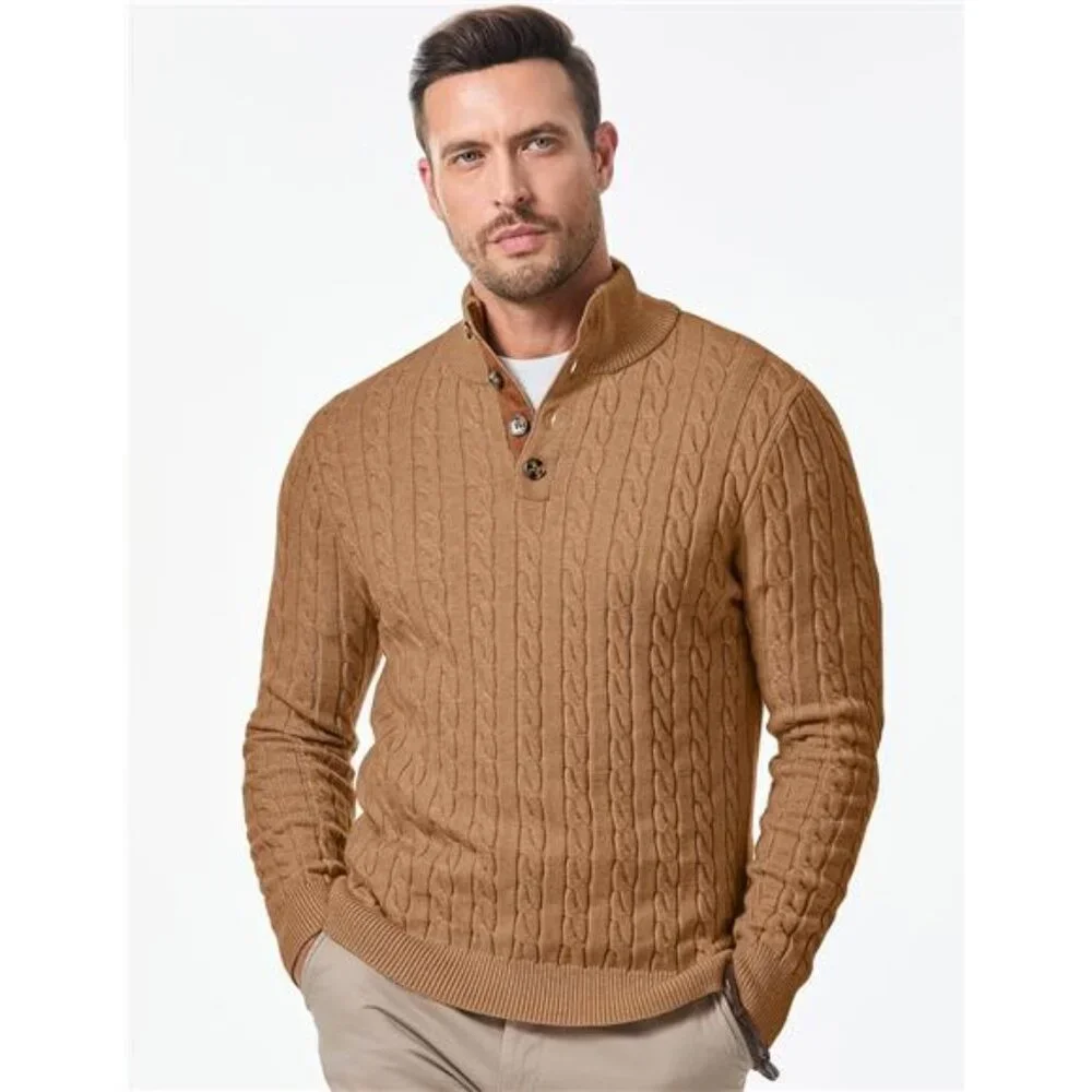 NEW Men's Cable Knit Pullover Sweater Casual Long Sleeve Stand Collar - Picture 3 of 6